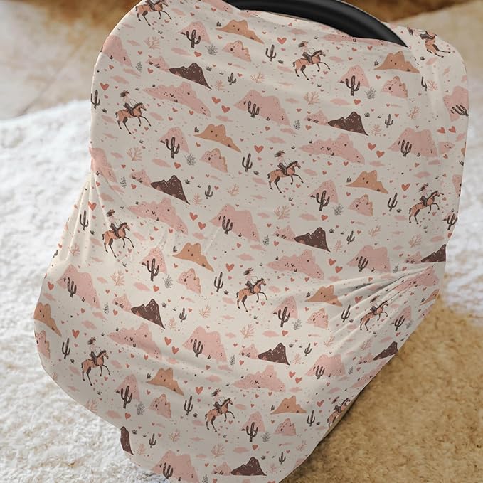 Pink Western Cowgirl Love Baby Car Seat Covers Retro Cowgirl Cactus Horse Stretchy 5-in-1 Cover Adjustable Infant Carseat Canopy Cover Wild Desert Country Breathable Nursing Cover-Up