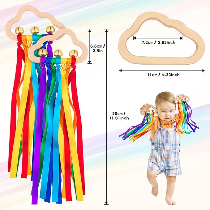 Baby Sensory Wooden Rattle Toys - 2PCS Rainbow Ribbon Ring Toys Wood Rattle Molar Circle Newborn Sensory Montessori Toy for Infant Babies Toddler