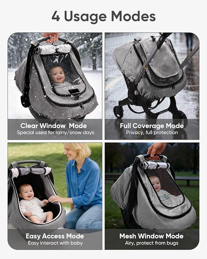 TinlyFinly Waterproof Car Seat Cover for Baby, 2-Layer Car Seat Rain Cover with Clear Window & Sunshade & Mesh Cover, Universal Infant Carseat Canopy for Stroller, Protect from Rain and Snow - Gray