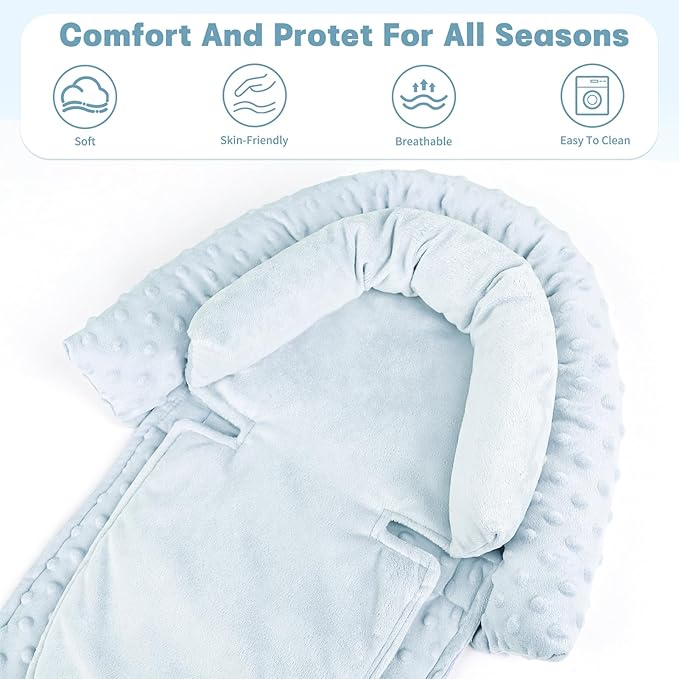 Infant Car Seat Insert, Baby Car Seat Head & Body Support with Straps Pads, Soft Newborn Preemie Carseat Insert Cushion for Girls Boys, Fits Carseat, Stroller, Swing, Bouncer, Light Blue
