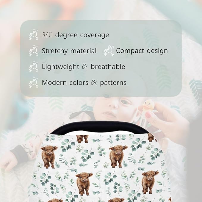 HawSkgFub Highland Cow Eucalyptus Leaf 5-in-1 Car Seat Cover for Baby Boy Cow Lover Gift, Western Cowboy Privacy Breastfeeding Nursing Cover, Newborn Infant Multi-use Carseat Canopy Carrier