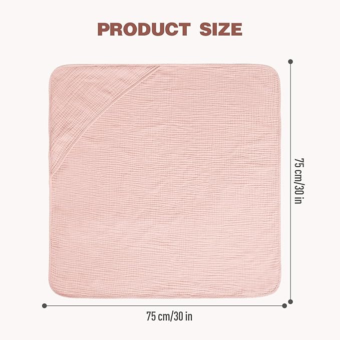 Cinaci 1pc Soft & Absorbent 100% Muslin Cotton Baby Hooded Bath Towel for Baby Girls Boys Newborns Infants Toddlers Kids (Pink)