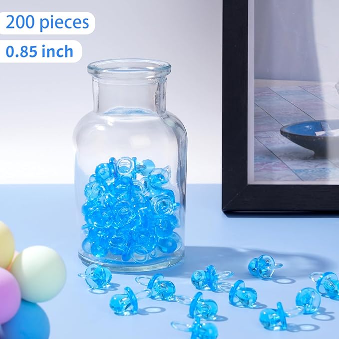 200 Pieces 0.86 Inch Baby Pacifier Baby Shower Plastic Pacifier for Baby Shower Pacifier, Baby Shower Gender Show Party Decoration DIY Birthday Party Gift (Blue)