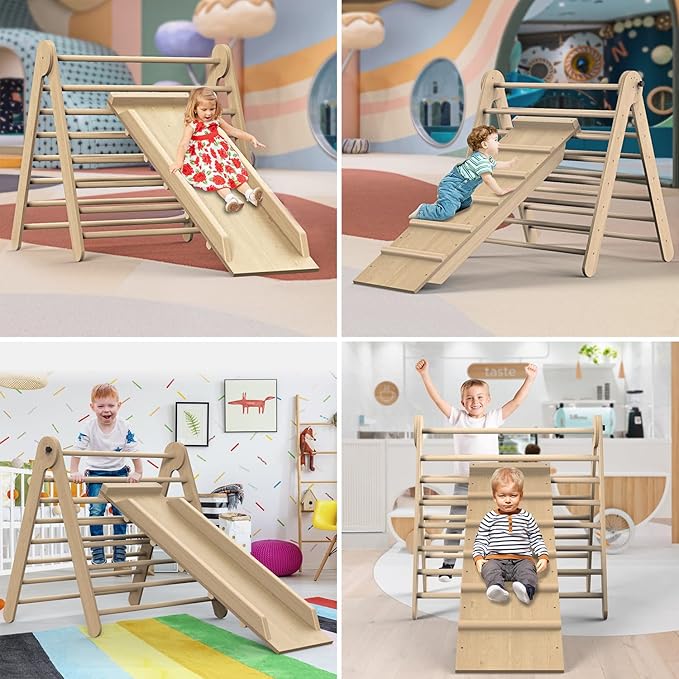 Triangle Climbing Toys, Stable Climbing Toys for Toddlers with Climbing and Sliding Ramps, 2 in 1 Foldable Wooden Activity Triangle Climber, Safety Indoor Kids Climbing Toys for Toddlers