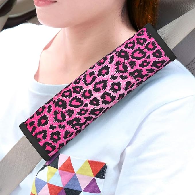 Car Seat Belt Pad Pink Leopard 2 Pack Soft Seat Belt Cover for Shoulder Pad Protector Cheetahs Animal Car Accessories Seat Belt Cushion Cheetah Animal Girly Cute Safety Strap Cover