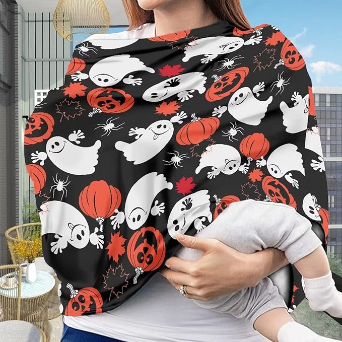 JEOCODY Halloween Ghost and Pumpkin Pattern Multi Use Cover Soft Nursing Cover Elastic Carseat Canopy Stroller Cover Shopping Cart Cover
