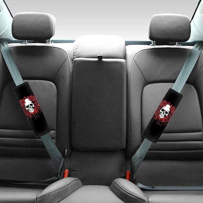 Biyejit Rose Skull Car Seat Belt Shoulder Pads Covers for Women, Automotive Interior Decorative Accessories 2 Packs Set Universal