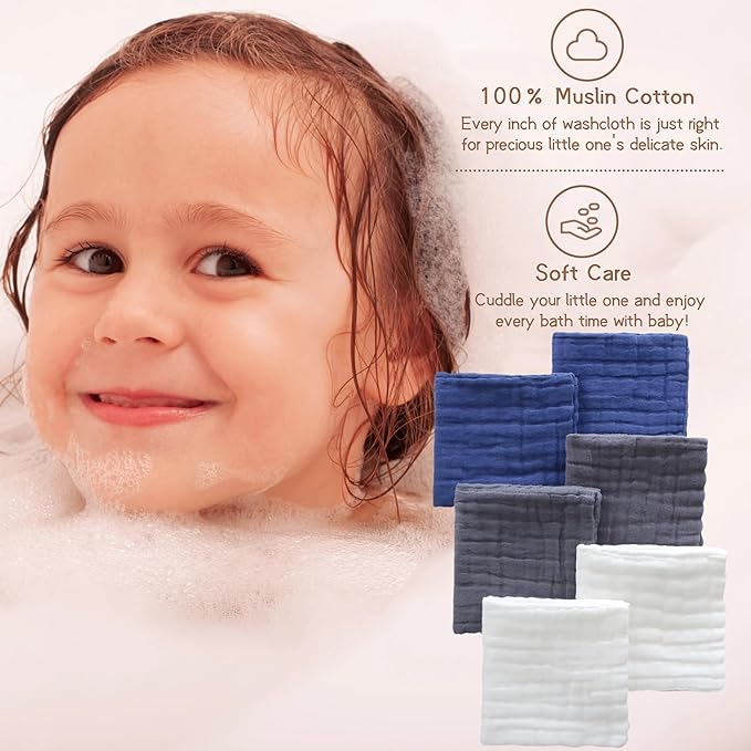 MUKIN Small Baby Washcloths, Soft Face Cloths, Newborn Absorbent Bath Wipes, Burp Cloths or Muslin Cotton Towels, Pack of 6, 12x12 inches (White,Dark Gray,Royal Blue)