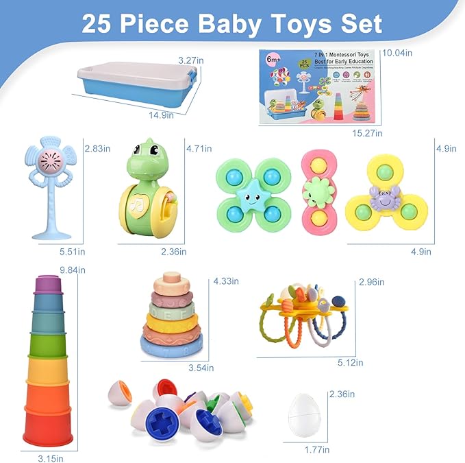 Montessori Baby Toys 6-9 12-18 Month,7-in-1 Sensory Infant Teething Toys for 6-12 Month,Stacking Blocks Cups Ring Matching Eggs Pull String Suction Cup Toy for Babies 6-12+ Months,1 Year old Baby Gift