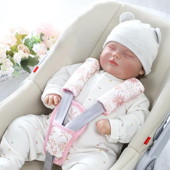 Baby Car Seat Strap Pads Suit, 3 Pieces Soft Car Seat Strap Shoulder Covers for Baby Infant Toddler, Double-Sided Car Seat Belt Covers for Stroller, Pushchair, Baby Swing, Pink Floral