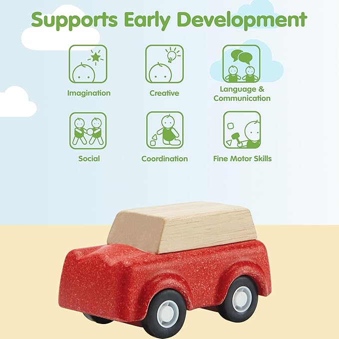PlanToys® Red SUV Wooden Montessori Vehicle Toy | Early Movement, Imagination and Practical Life Exploration | Eco Friendly Car for Indoor and Outdoor Play
