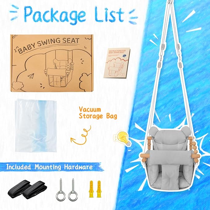 Baby Swing Indoor Outdoor,Secure Canvas Wooden Toddler Swing Seat, 3-Point Adjustable Safety Harness,Mounting Hardware Included,Gift for Boys and Girls, Grey