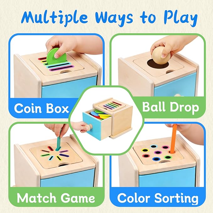 Montessori Toys for 1 2 3 Year Old, 4-in-1 Wooden Montessori Coin Box, Object Permanence Ball Drop Learning Color Sorting Toys for Toddlers 1-3, Gifts for 18 Months Baby Boys Girls