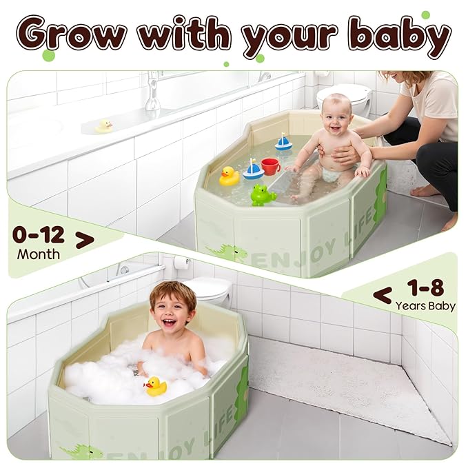 Foldable Baby Bath, Collapsible Baby Bathtub 3M-8Y, Portable Travel Baby Bath Tub with Non-Slip Base, Pop Up Folding Newborn Toddler Shower Tub, Space Saving, Dinosaur Pattern