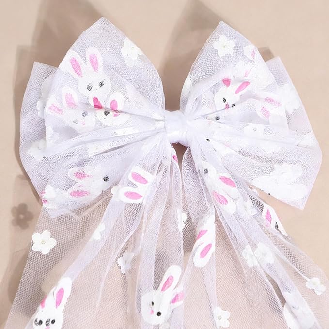 Easter Bunny Hair Bow for Women Girls Toddlers - 13 Inch Large White Tulle Bow Hair Clip with Cute Bunny Pattern, Spring Easter Hair Accessories Rabbit Hairpins for Easter Outfits, Birthday Gifts