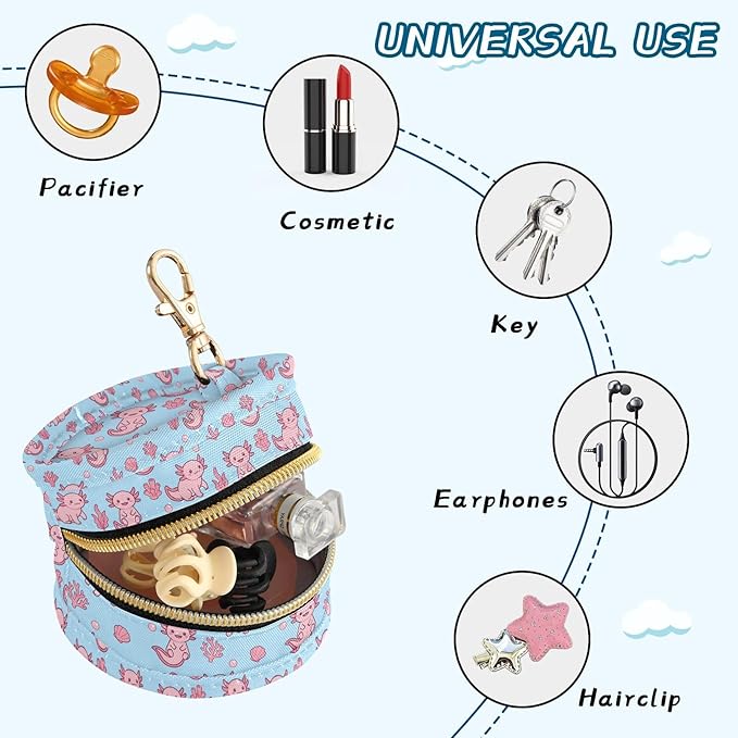 Cartoon Axolotl Coral Blue Print Pacifier Holder Case for Diaper Bag Portable Travel Pacifier Storage Case with Clip Newborn Baby Pouch for Baby Boys Girls Purse Outdoor