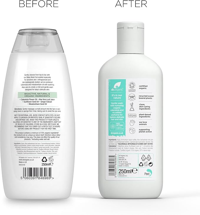 Dr Organic Calendula Baby Wash, Fragrance Free, Gentle Cleansing, Sensitive Skin, Natural, Vegan, Cruelty-Free, Paraben & SLS-Free, Organic, 250ml