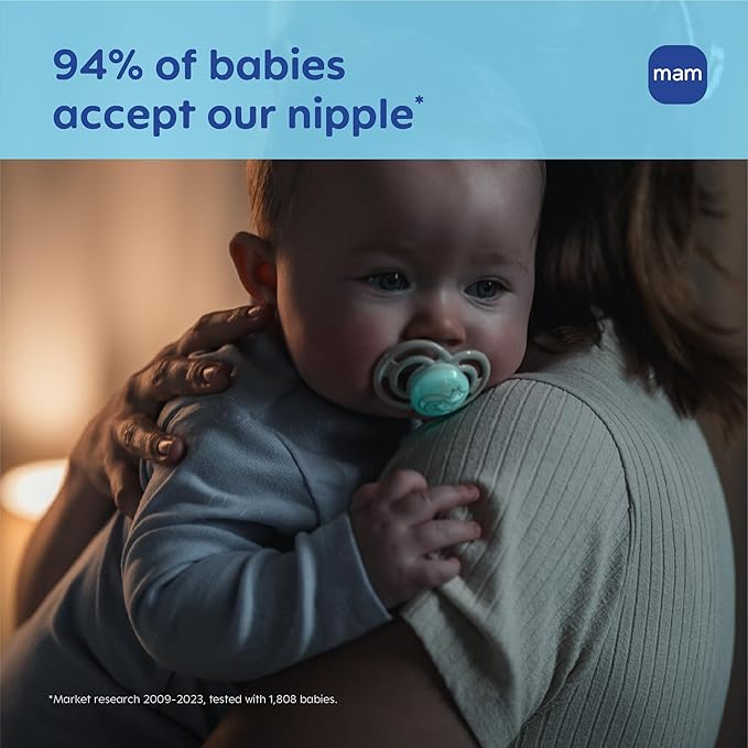 MAM Perfect Baby Pacifier 6-16 Months, Extra Thin Nipple, Developed with Orthodontists, Clinically Proven, Glows in The Dark, BPA-Free Silicone, Pack of 2, Made in Europe