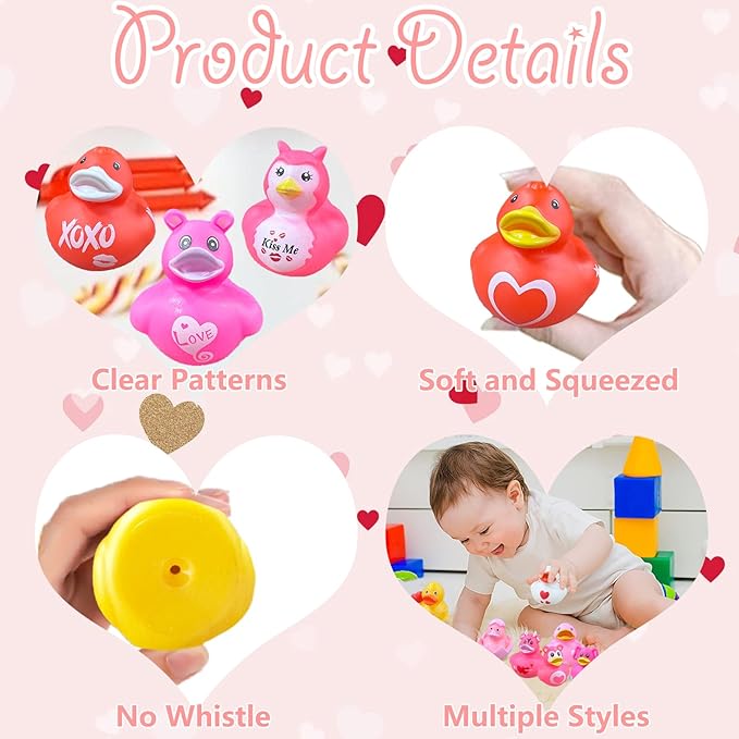24Pcs Valentines Ducks,Valentine’s Day Heart Rubber Ducks for Kids,2 Inch Assorted Duckies in Bulk for Valentine Party Favors Supplies Decoration,Classroom Exchange Prizes