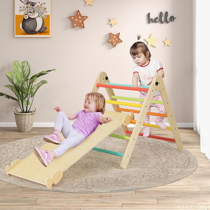 HONEY JOY Climbing Toys for Toddlers, 4 in 1 Foldable Wooden Montessori Kids Triangle Climber, Double Side Ramp & Climber, Baby Learning Indoor Climbing Ladder Gym for Boys Girls (Colorful)