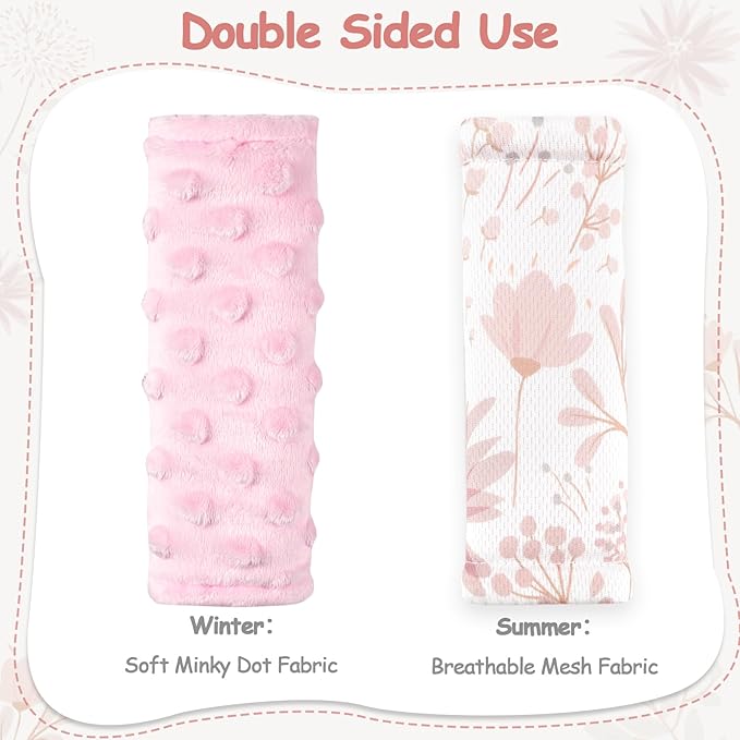 Baby Car Seat Strap Pads Suit, 3 Pieces Soft Car Seat Strap Shoulder Covers for Baby Infant Toddler, Double-Sided Car Seat Belt Covers for Stroller, Pushchair, Baby Swing, Pink Floral