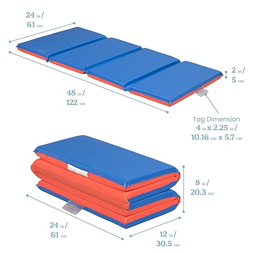 ECR4Kids Premium Folding Rest Mat, 4-Section, 2in, Sleeping Pad, Blue/Red