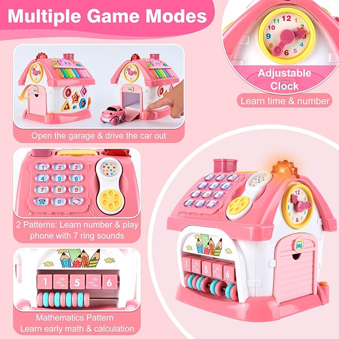 Toddler Girl Toys for 1 Year Old, Montessori Toys for 1 Year Old Girl Birthday Gift, 8 In 1 Pink Baby Musical Learning House with Sound Light Music, Creative Gifts for Baby Toys 6-12 18 Months