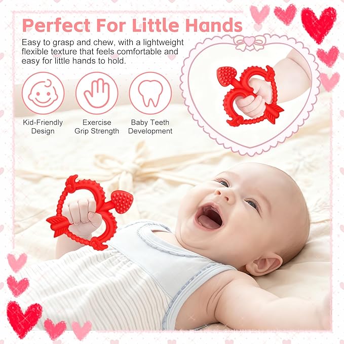 Valentines Heart Baby Teething Toys for Babies 0-36 Months, Easy for Little Hands to Hold,Cupid Bow and Arrow Soft Teether Toy, Surface texture for Teething Relief, Perfect Valentine's Gift for Babies