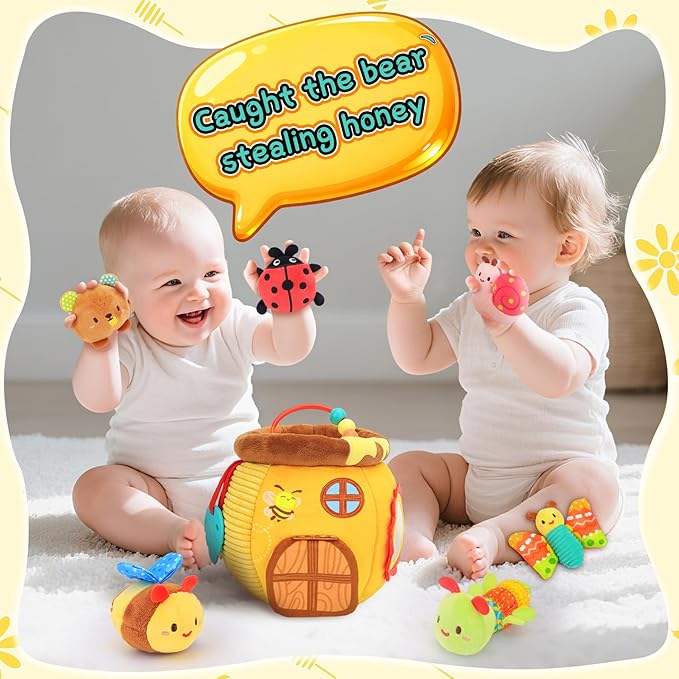 Baby Toys 6-12 Months - Soft Honey Jar with 6 Sensory Insect Stuffed Animals Montessori Plush Toys W/Rattle, Crinkle Paper, Mirror for Toddlers 1 2 3 Year Motor Skills Developmental