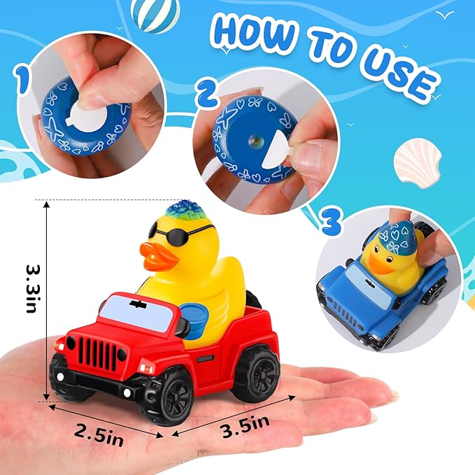 24 Pcs Summer Rubber Ducks for Jeeps, Summer Beach Rubber Ducks, 3.5 Inch Ducks for Jeeps ,2 Inch Ducks for Ducking, 12 Summer Ducks with 12 Cars, Summer Party Favors Gifts Swimming Pool Water Toys
