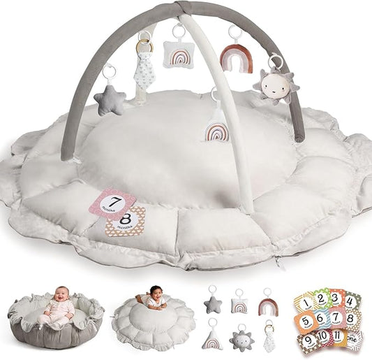 Little Dove 5-in-1 Convertible Baby Play Gym with 6 Toys, Tummy Time Mat for Sensory Development, Baby Activity Center from Newborn to Toddler, Ball Pit, Soft Plush Pet Mat, No Ball Included Grey