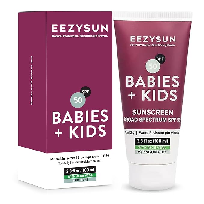 EEZYSUN SPF 50 Mineral Sunscreen for Kids & Babies - Non-Greasy, Water Resistant, Gentle for Sensitive Skin Baby Sunscreen with Aloe Vera - Cruelty-Free - Sun Protection for Face & Body - 3.3 fl oz
