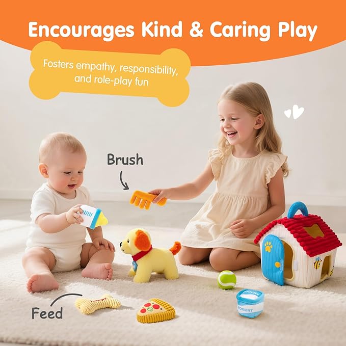 hahaland Montessori Toys for 1 Year Old – Plush Puppy Sensory Toy Set with Dog House, Rattle, Crinkle, Mirror & Shape Sorter, Pretend Play Learning Toy for Toddlers 1-3, Baby Easter Basket Stuffers