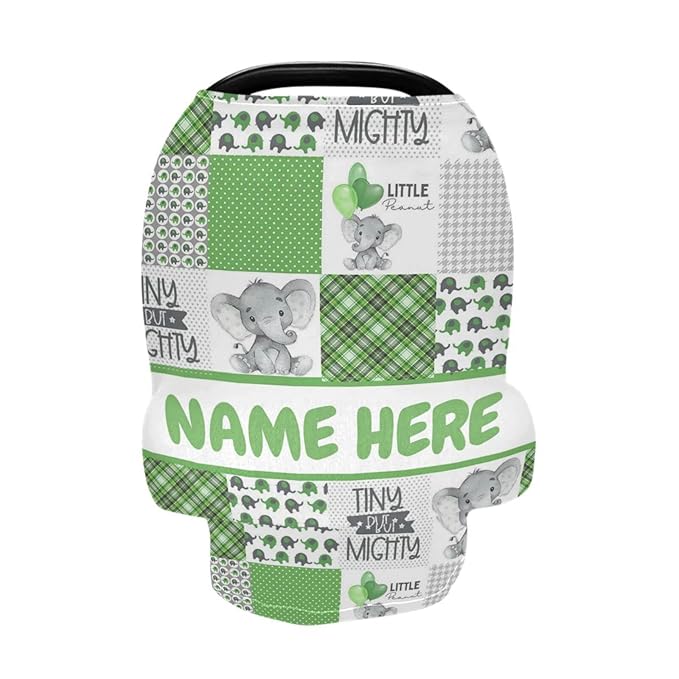 Personalized Cute Elephant Green Plaid Baby Car Seat Cover for Babies with Name, Custom Baby Car Seats Canopy for Boys Girls, Nursing Breastfeeding Stroller Covers Infant Car Seat Blanket for Newborn