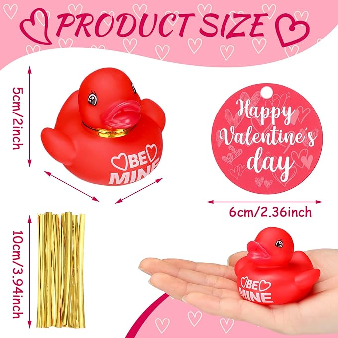 MiniInflat 48 Set Valentine's Day Rubber Duckies with Gift Cards Valentines Mini Rubber Duck Bath Gift for Girl Boy Heart Duck Bathtub Pool Gift Classroom Exchange Prize Gift Valentines Party Favor
