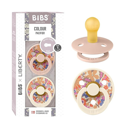 BiBS Liberty Pacifier 2-Pack, BPA Free Pacfiers with Natural Latex Round Nipple, Made in Scandinavia, Size 1 (0-6 Months), June Blossom Blush Mix