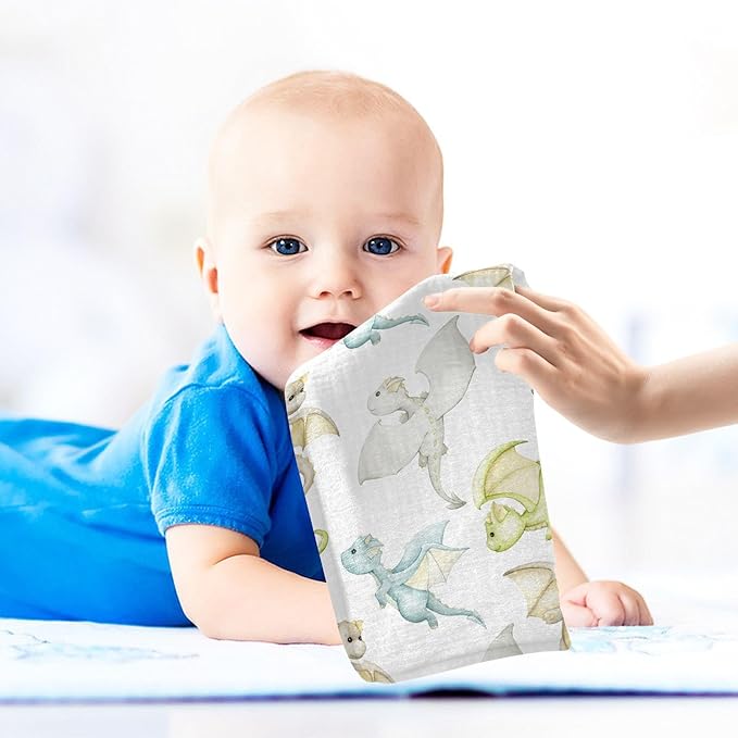 vvfelixl Baby Muslin Washcloths Watercolor Dragons Cartoon Style Baby Burp Cloths Cotton Baby Face Towel for Newborn Infants Boys Girls Soft and Absorbent 11.8 X 11.8 in, 3 Pack
