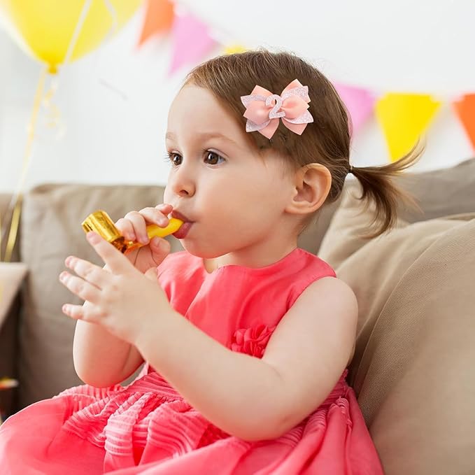 Pink Birthday Hair Bow for Baby Girls - 2Pcs Peach Sprinkle Hair Clips for 2nd Birthday Glitter Baby Bow Party Decorations for Girls Toddlers Hair Accessories (Pink-2 Years)