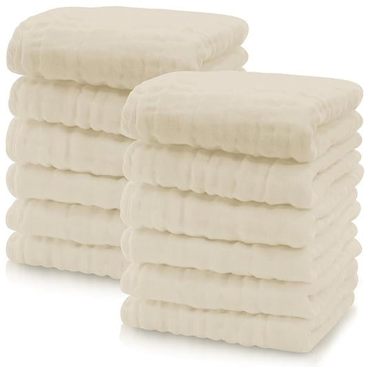 Cute Castle 12 Pack Muslin Baby Washcloths - Large 12'' by 12'' - Ultra Soft 100% Cotton - Super Absorbent Burp Cloths for Unisex, Boy, Girl -Ivory