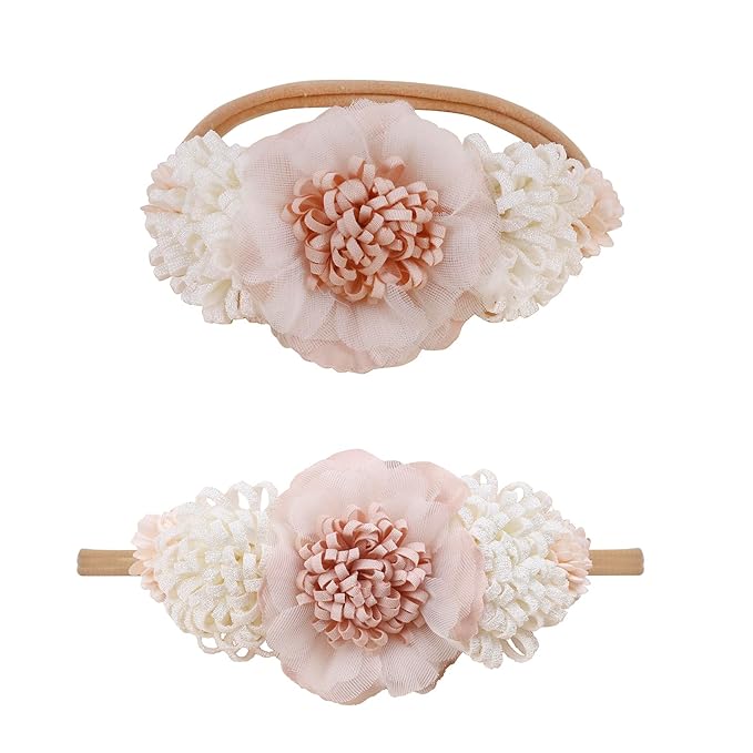 Baby Girl Flower Headbands and Bows, Stretchy Soft Nylon Floral Crown, 3pcs Handmade Hair Accessories for Newborn Infant Toddler