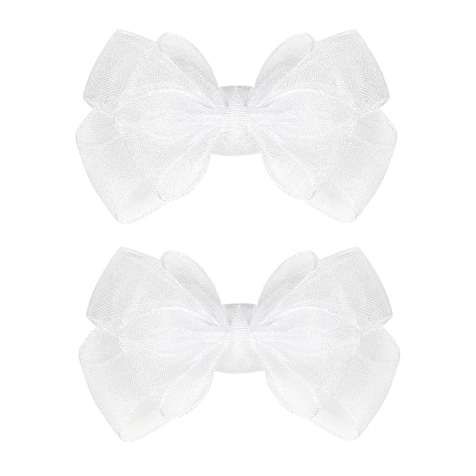 3.5-Inch Organza Hair Bows for Girls - Elegant Sheer Ribbon Alligator Clips for Toddlers, Kids, and Teens - Pack of 2, White
