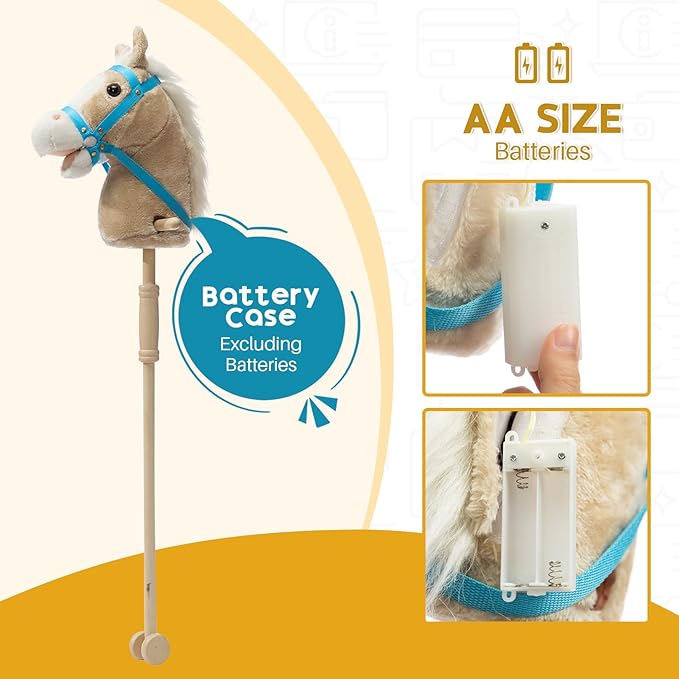 HollyHOME Stick Horse Plush Handcrafted Hobby Horse on a Stick with Wood Wheels Real Pony Neighing and Galloping Sounds for Kids Toddlers Beige 36 Inches(AA Batteries Required)