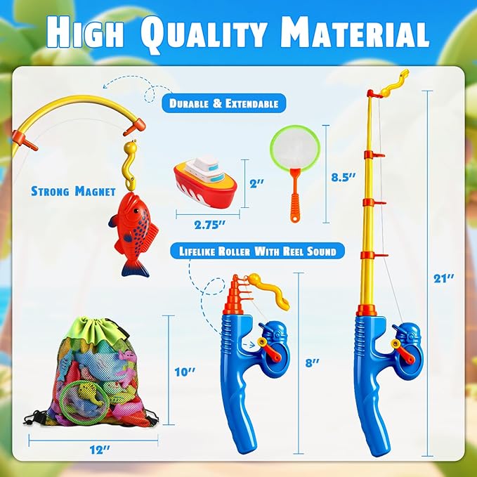 CozyBomB™ Magnetic Fishing Toys Game Set for Kids | Water Table Bathtub Kiddie Pool Party Pole Rod Net, Outdoor Plastic Floating Fish, Toddler Bath Color Ocean Sea Animals Birthday Gift Age 3-5 6 4-8