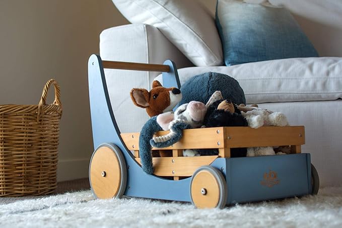 Kinderfeets 2-in-1 Wooden Cargo Walker Cart Wagon with Adjustable Rubber Wheels and Removable Basket for Children and Toddlers (Blue)