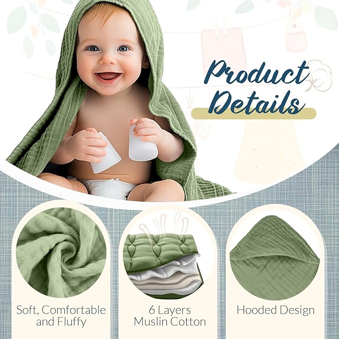 VitalCozy 8 Pcs Baby Muslin Hooded Bath Towels and Washcloths, Muslin Hooded Baby Towels Absorbent Blankets for Gift Newborn Infant Shower (Morandi Color)