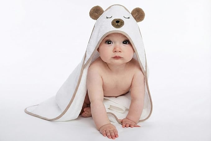 Organic Baby Hooded Bath Towel 30x30 Inch – 100% Organic Cotton, 380 GSM Soft & Absorbent Newborn Towel with Embroidered Hood, (Bear)