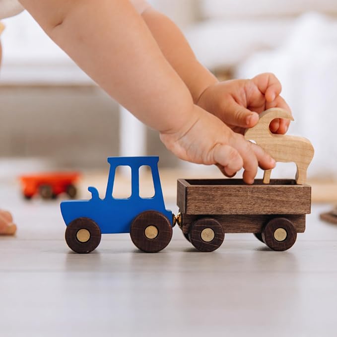BUSY PUZZLE Wooden Tractor Toy with Trailer and Farm Animals, Natural Solid Wood Push Vehicle for Toddlers, Birthday Gift, Montessori Farm Play Set