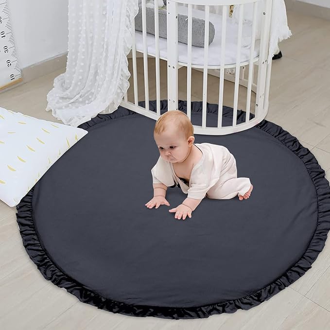 ABREEZE Baby Cotton Play Mat Soft Crawling Mat White Detachable Washable Game Blanket Floor Playmats Kids Infant Child Activity Round Rug Home Room Decor (Dark Grey)