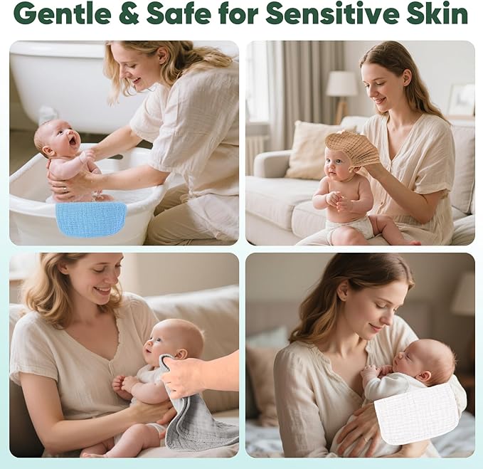 MIGIOL Baby Washcloths 100% Cotton Size is 12x12 inches. Lightweight, Portable, and Ideal for use at Home or on The go. (White & Blue 6 Pieces)
