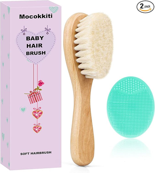 Baby Hair Brush, Goat Bristles Brush and Baby Cradle Cap Brush Set for Cradle Cap Wood Bristle Brush for Newborns and Toddlers (2 Piece)